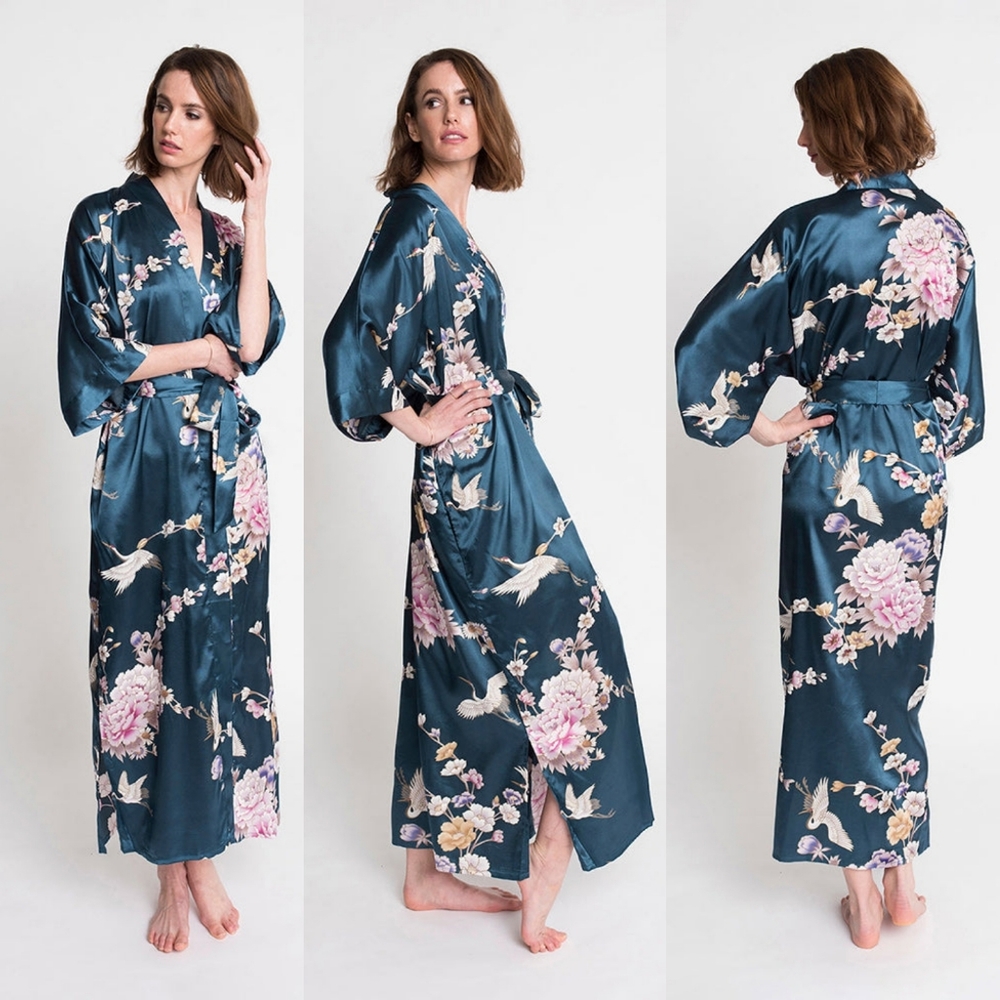 Kim + Ono Chrysanthemum & Crane Long Satin Kimono Robe Navy Peacock One Size Tie